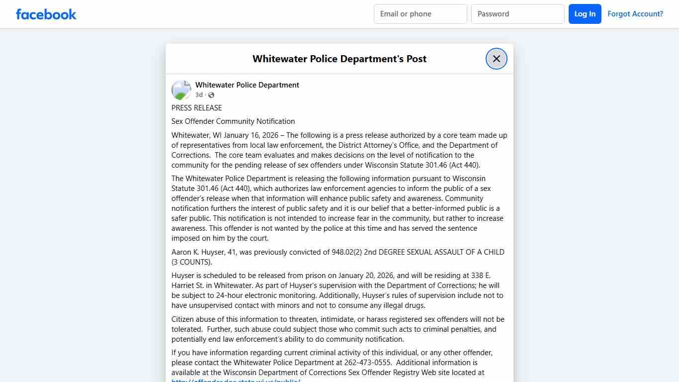 PRESS RELEASE Sex Offender... - Whitewater Police Department | Facebook