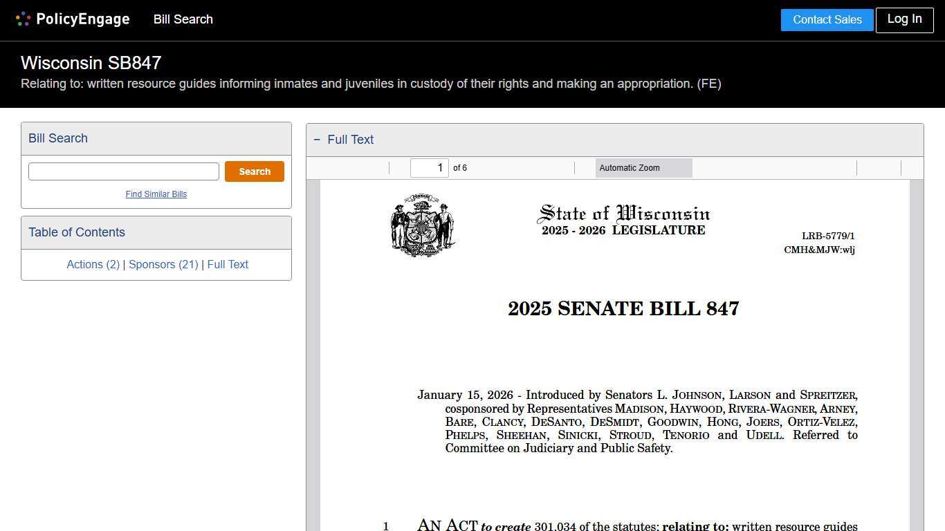 SB847 | Wisconsin 2025-2026 | Relating to: written resource guides informing inmates and juveniles in custody of their rights and making an appropriation. (FE) - Legislative Tracking | PolicyEngage